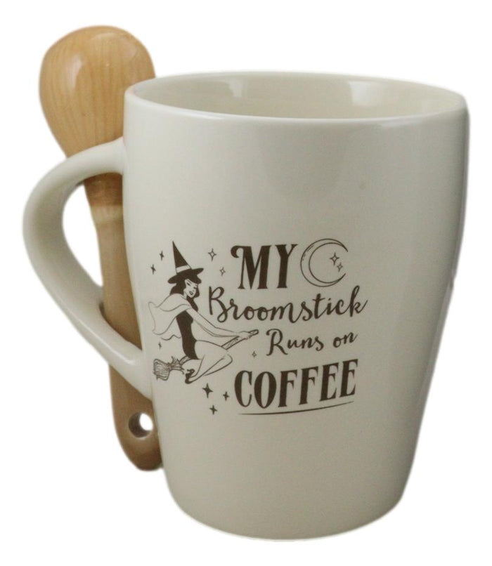 Ebros Gift Wiccan Witch Sacred Moon My Broomstick Runs On Coffee Ceramic Mug And Spoon Set