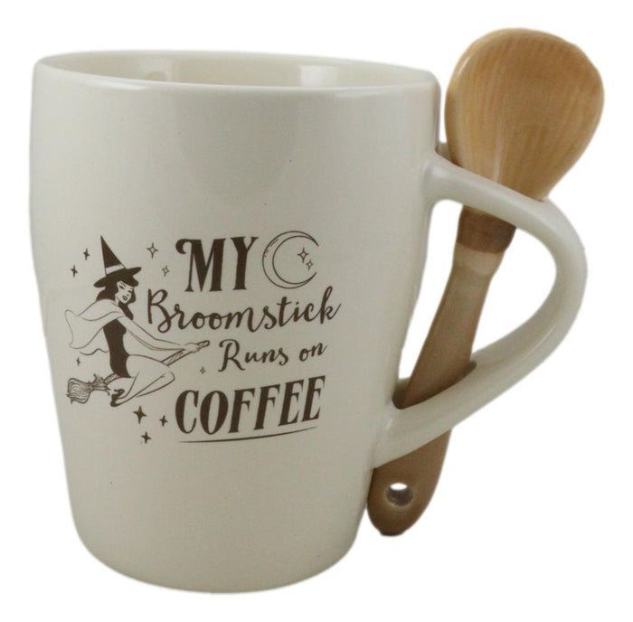 Ebros Gift Wiccan Witch Sacred Moon My Broomstick Runs On Coffee Ceramic Mug And Spoon Set