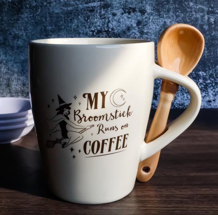 ebros gift Wiccan Witch Sacred Moon My Broomstick Runs On Coffee Ceramic Mug And Spoon Set