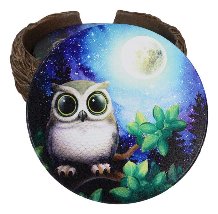 Ebros Gift Wide Eyed Owl Perching On Tree Branch By Full Moon Starry Night Coaster Set