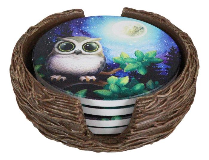 Ebros Gift Wide Eyed Owl Perching On Tree Branch By Full Moon Starry Night Coaster Set