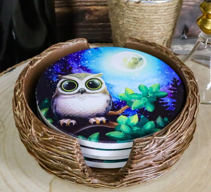 ebros gift Wide Eyed Owl Perching On Tree Branch by Full Moon Starry Night Coaster Set
