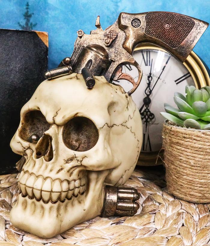 ebros gift Wild West Cowboy Western Outlaw Skull With Pistol Gun And Ammo Bullets Figurine