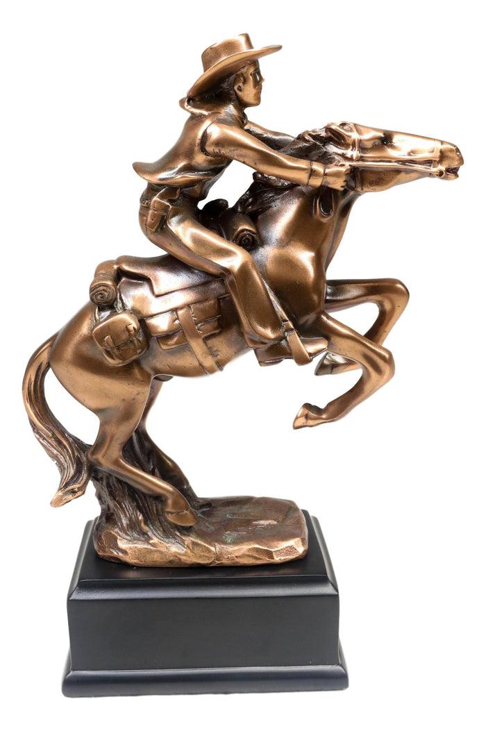 Ebros Gift Wild West Cowboy With Rearing Horse In Pursuit Bronze Electroplated Figurine