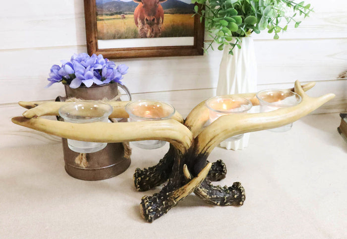 ebros gift Wildlife Rustic Buck Deer Stag Entwined Antlers 4 Votives Candle Holder Figurine
