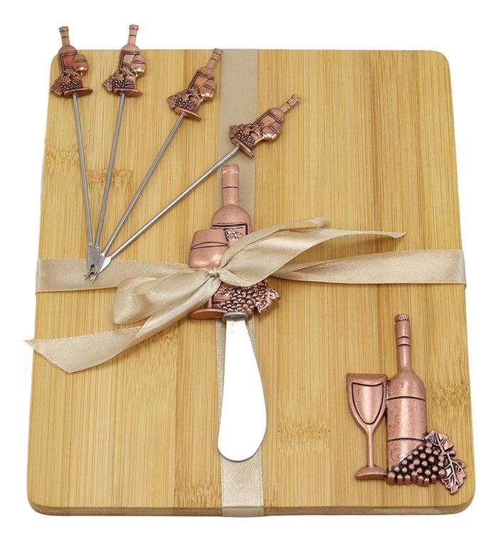 Ebros Gift Wine And Grapes Bamboo Cheese Board Knife Wine Stopper Picks & Coasters Gift Set