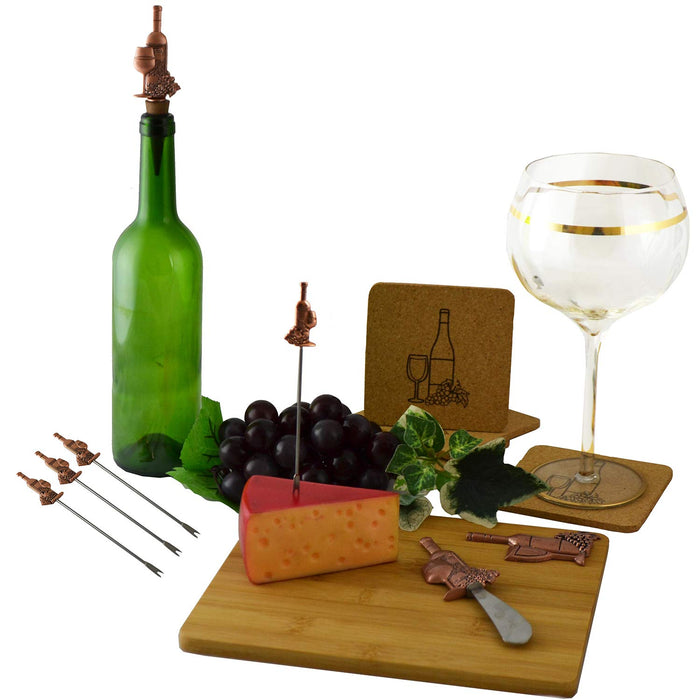 Ebros Gift Wine And Grapes Bamboo Cheese Board Knife Wine Stopper Picks & Coasters Gift Set