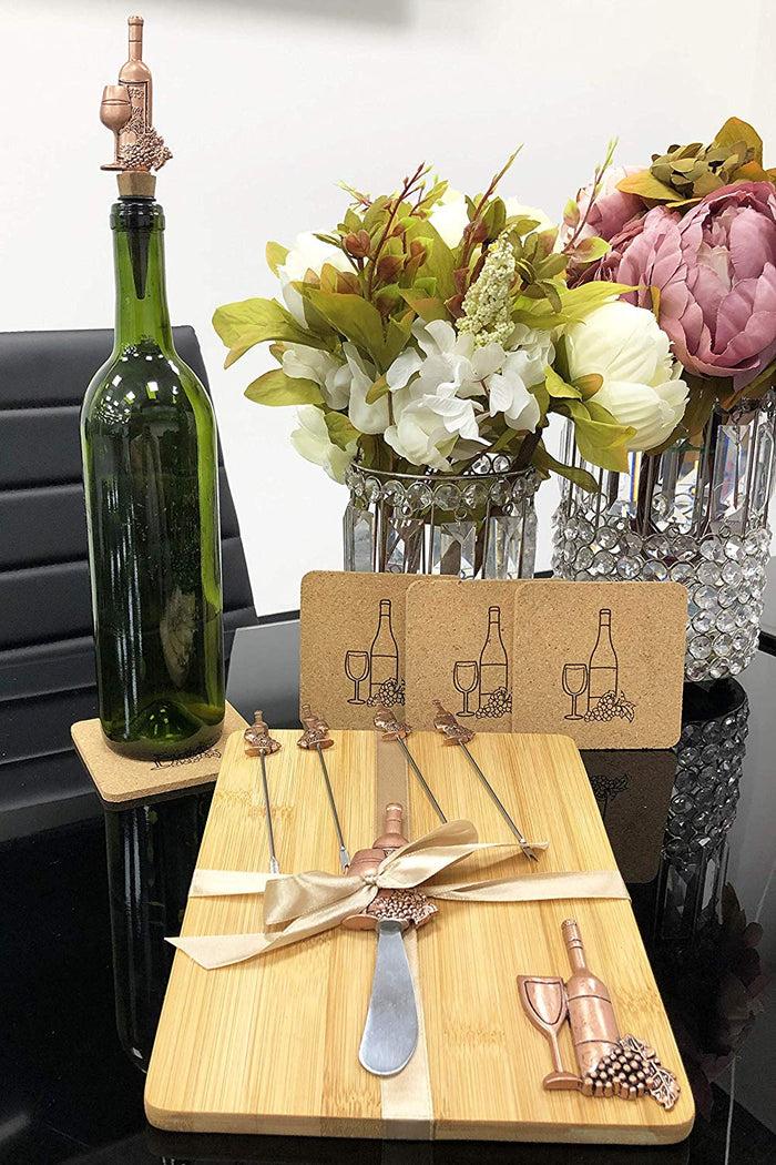 ebros gift Wine And Grapes Bamboo Cheese Board Knife Wine Stopper Picks & Coasters Gift Set