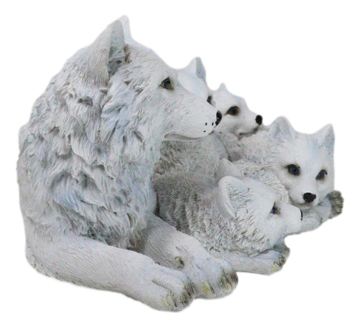 Ebros Gift Winter Snow White Albino Wolf Mother At Repose With 4 Cubs Family Figurine