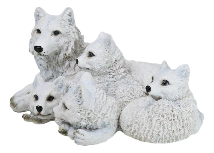 Ebros Gift Winter Snow White Albino Wolf Mother At Repose With 4 Cubs Family Figurine