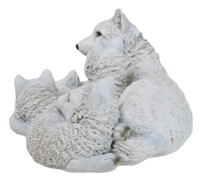 Ebros Gift Winter Snow White Albino Wolf Mother At Repose With 4 Cubs Family Figurine