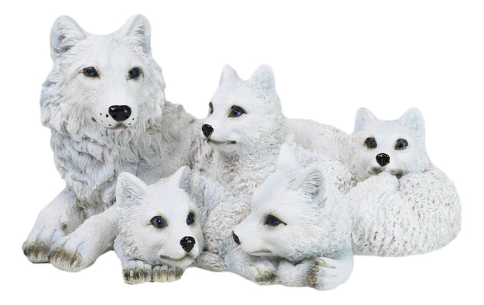 ebros gift Winter Snow White Albino Wolf Mother at Repose with 4 Cubs Family Figurine