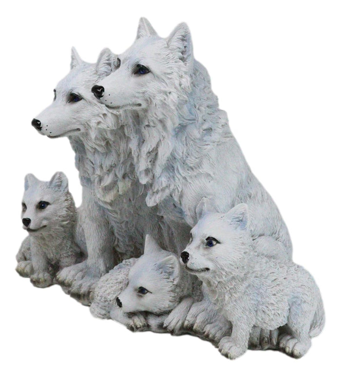 Ebros Gift Winter Snow White Wolf Mother And Father Sitting With 3 Cubs Family Figurine