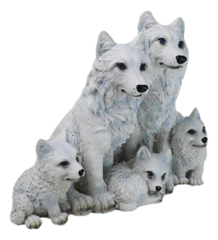 Ebros Gift Winter Snow White Wolf Mother And Father Sitting With 3 Cubs Family Figurine