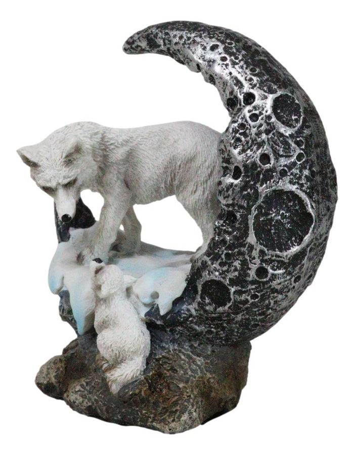 Ebros Gift Winter Snow White Wolf Mother With Pup By Snowy Crater Crescent Moon Figurine