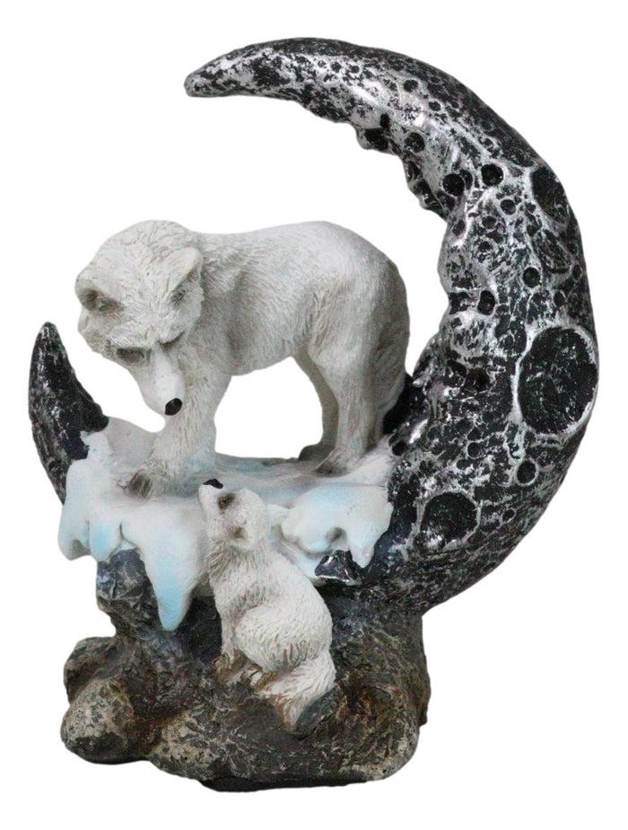 ebros gift Winter Snow White Wolf Mother With Pup By Snowy Crater Crescent Moon Figurine