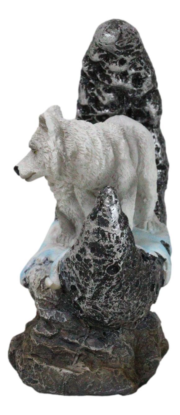 Ebros Gift Winter Snow White Wolf With Pup Cub By Snowy Crater Crescent Moon Figurine