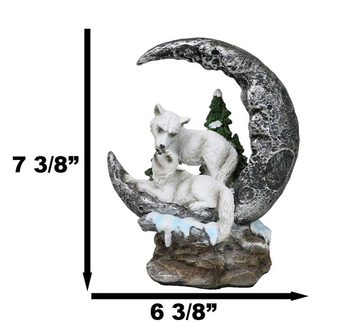 Ebros Gift Winter White Wolf Couple In Snow Pine Trees Scene With LED Crescent Moon Statue