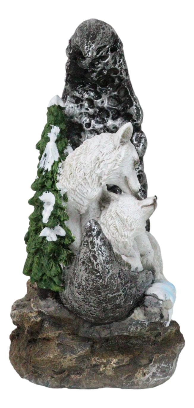Ebros Gift Winter White Wolf Couple In Snow Pine Trees Scene With LED Crescent Moon Statue