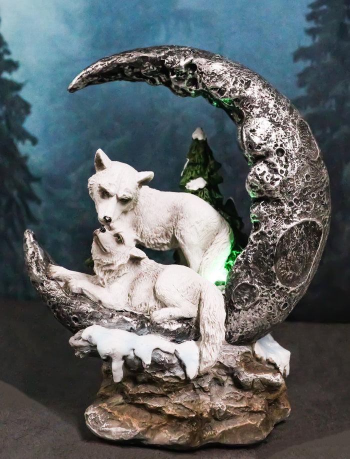 ebros gift Winter White Wolf Couple In Snow Pine Trees Scene With LED Crescent Moon Statue