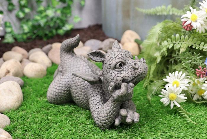 ebros gift Wishful Thinking Dreamy Baby Dragon On The Ground Statue 12"L Fairy Garden Decor