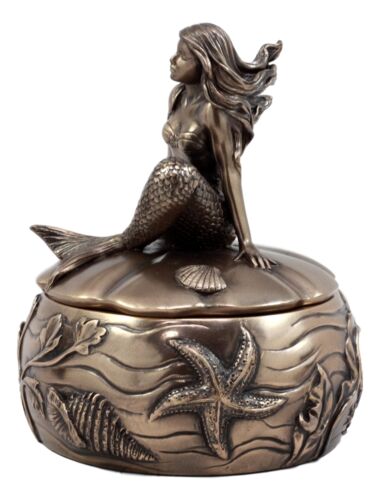 Ebros Gift Wishing Mermaid Rounded Jewelry Box Figurine 5.5"H Coastal Reed Marine Decor