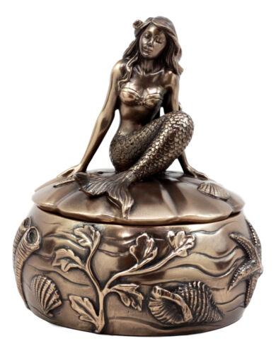 Ebros Gift Wishing Mermaid Rounded Jewelry Box Figurine 5.5"H Coastal Reed Marine Decor