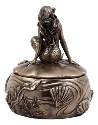 Ebros Gift Wishing Mermaid Rounded Jewelry Box Figurine 5.5"H Coastal Reed Marine Decor