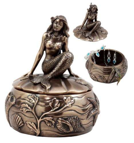 ebros gift Wishing Mermaid Rounded Jewelry Box Figurine 5.5"H Coastal Reed Marine Decor