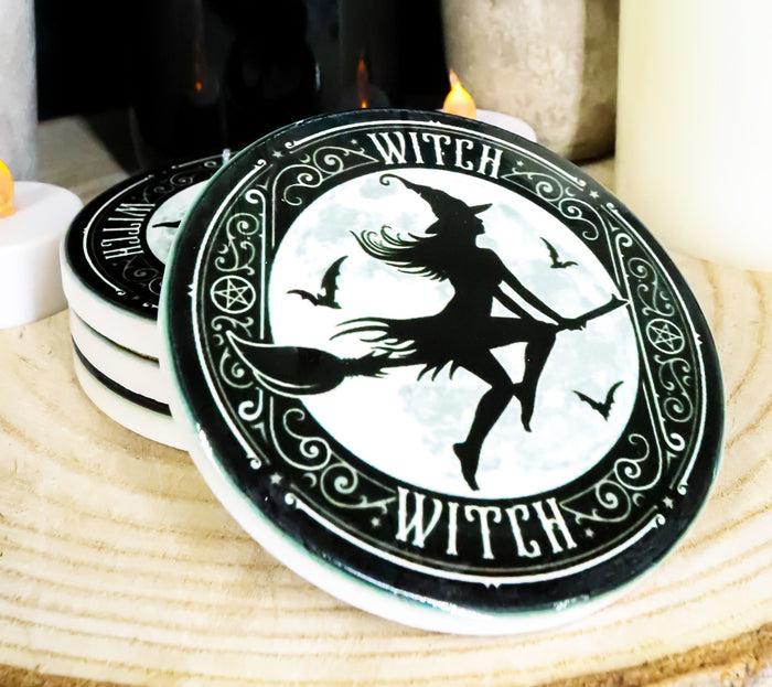 Ebros Gift Witch Flying On Magic Broomstick Ceramic Coaster Set Of 4 Tiles With Cork Backs