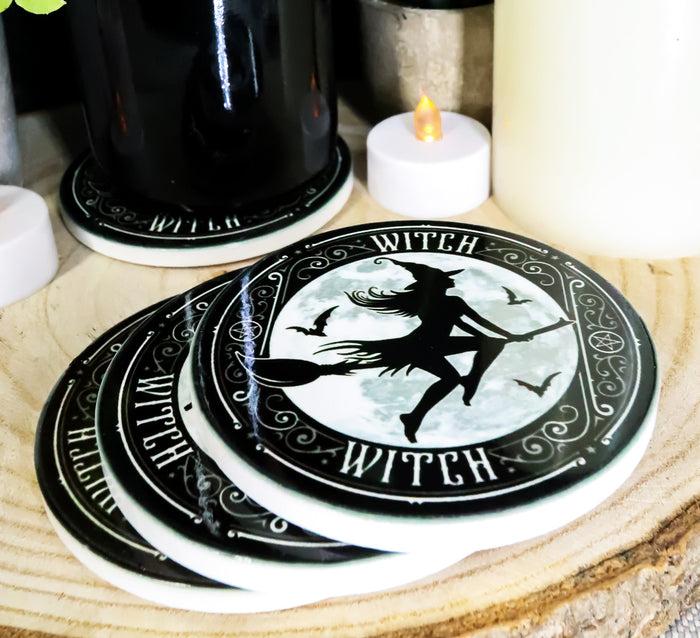 ebros gift Witch Flying On Magic Broomstick Ceramic Coaster Set of 4 Tiles With Cork Backs