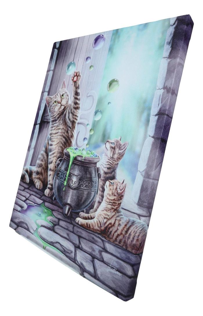 Ebros Gift Witch Hubble Hubble Cat And Kittens Magic Cauldron Wood Framed Canvas Wall Decor