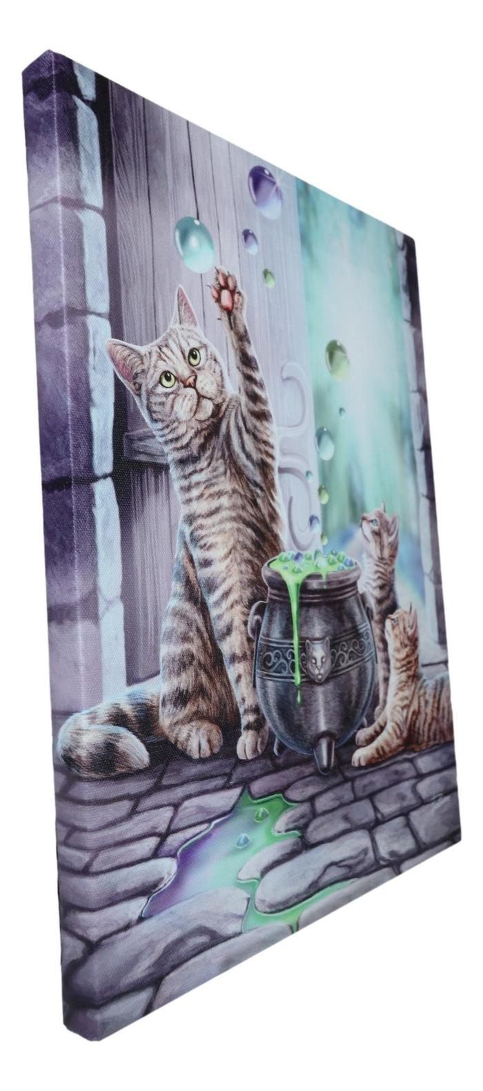 Ebros Gift Witch Hubble Hubble Cat And Kittens Magic Cauldron Wood Framed Canvas Wall Decor