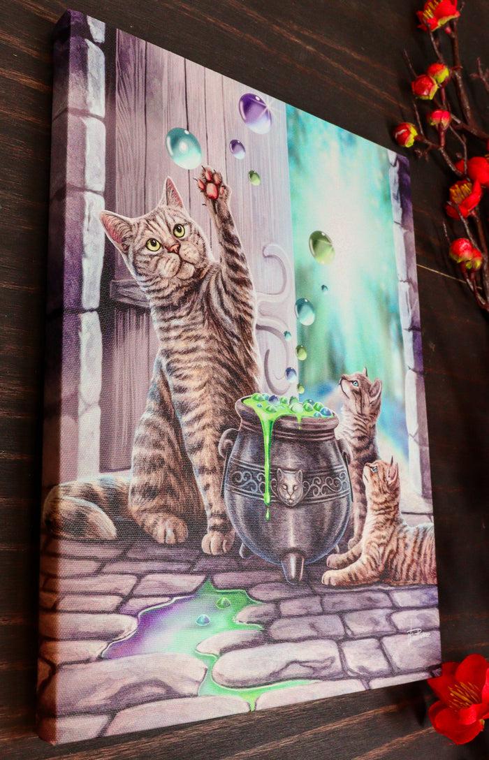 ebros gift Witch Hubble Hubble Cat And Kittens Magic Cauldron Wood Framed Canvas Wall Decor