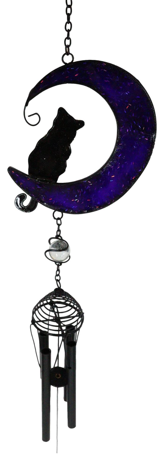 Ebros Gift Witchcraft Black Cat On Purple Crescent Moon Stained Glass Wind Chime Suncatcher