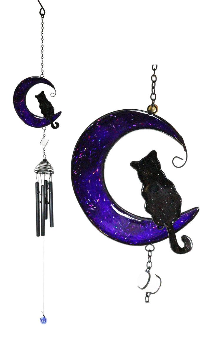 ebros gift Witchcraft Black Cat On Purple Crescent Moon Stained Glass Wind Chime Suncatcher