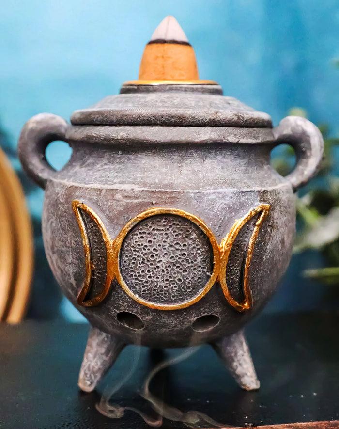 ebros gift Witchcraft Wicca Triple Moon Goddess Cauldron Backflow Incense Holder Figurine