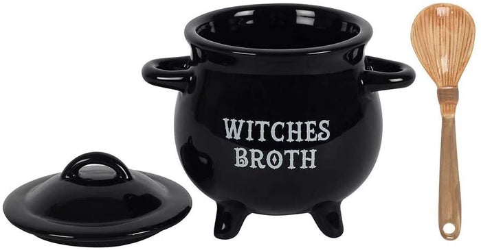 Ebros Gift Witches Broth Cauldron Ceramic Bowl With Broom Spoon