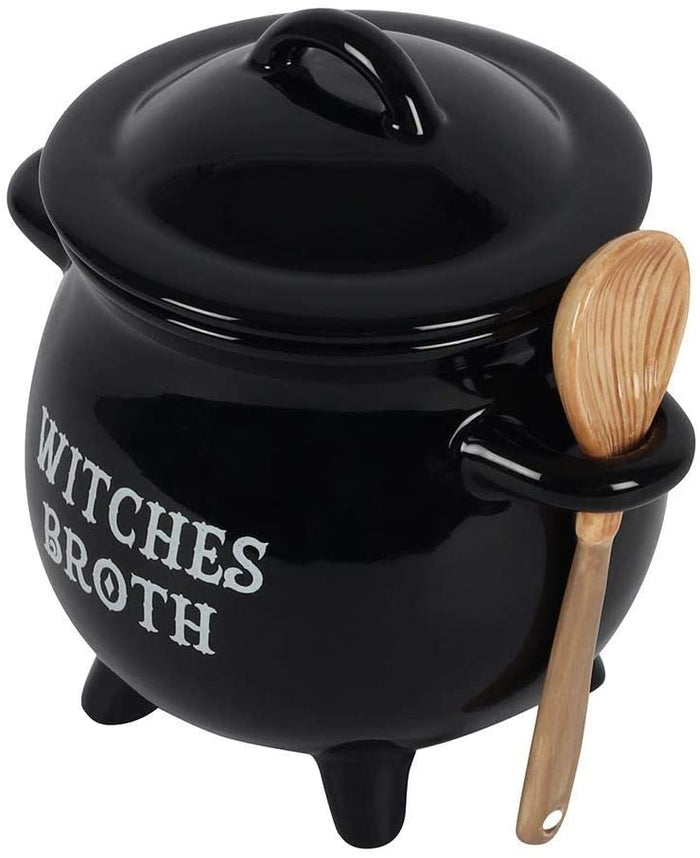 Ebros Gift Witches Broth Cauldron Ceramic Bowl With Broom Spoon