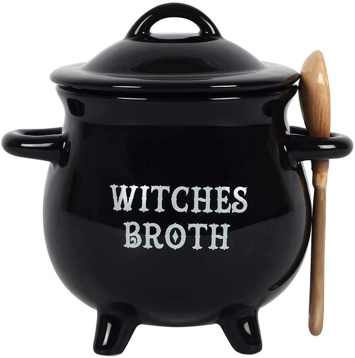 Ebros Gift Witches Broth Cauldron Ceramic Bowl With Broom Spoon