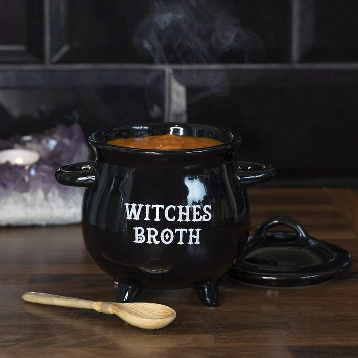 ebros gift Witches Broth Cauldron Ceramic Bowl with Broom Spoon