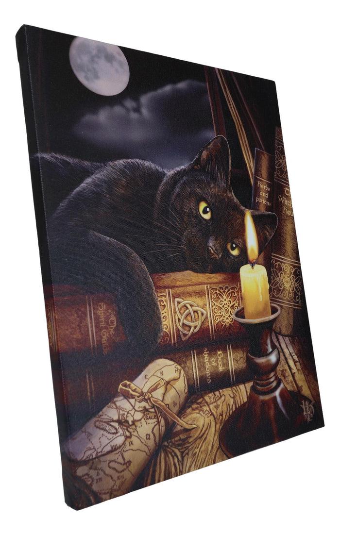 Ebros Gift Witching Hour Black Cat By Candle And Spellbooks Wood Framed Canvas Wall Decor