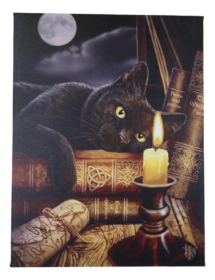 Ebros Gift Witching Hour Black Cat By Candle And Spellbooks Wood Framed Canvas Wall Decor