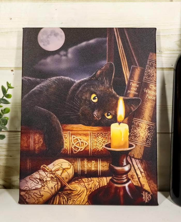 ebros gift Witching Hour Black Cat By Candle And Spellbooks Wood Framed Canvas Wall Decor