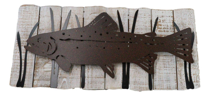 Ebros Gift Wood Metal Nautical Marine Large Fish Swimming By Reeds Abstract Wall Art Plaque