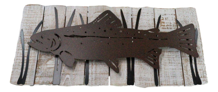ebros gift Wood Metal Nautical Marine Large Fish Swimming by Reeds Abstract Wall Art Plaque