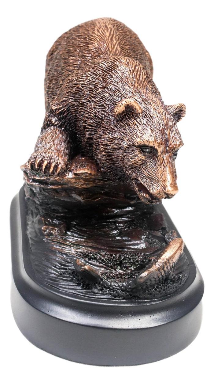 Ebros Gift Woodlands Grizzly Bear By River Rock Catching Fish Bronze Electroplated Figurine