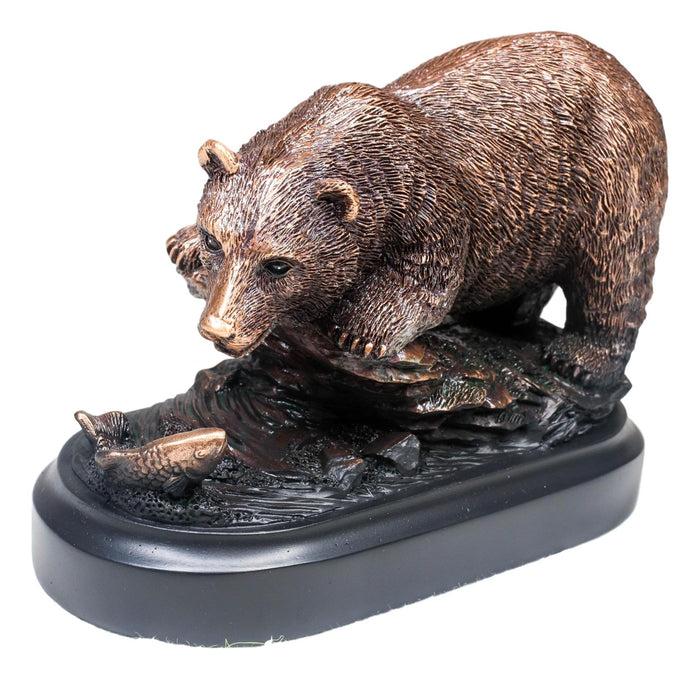 Ebros Gift Woodlands Grizzly Bear By River Rock Catching Fish Bronze Electroplated Figurine