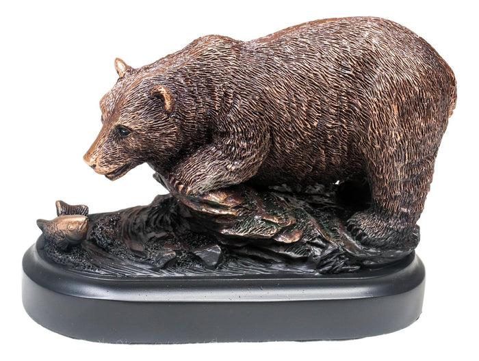 Ebros Gift Woodlands Grizzly Bear By River Rock Catching Fish Bronze Electroplated Figurine