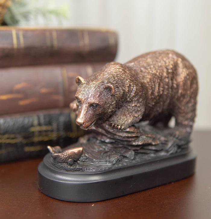 ebros gift Woodlands Grizzly Bear By River Rock Catching Fish Bronze Electroplated Figurine